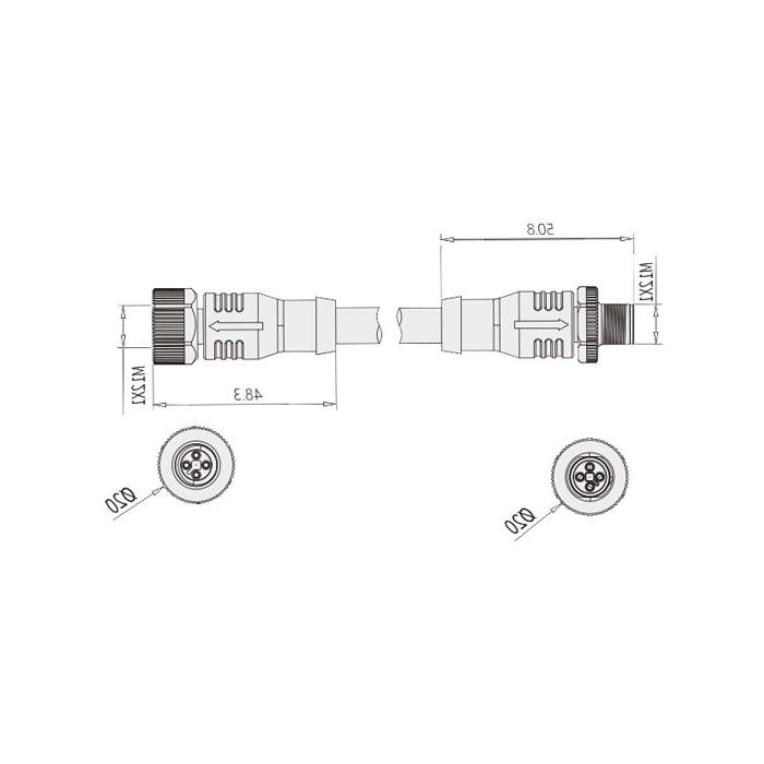 M12 4Pin T-coded、母头直型转公头直型、双端预铸PVC非柔性电缆、灰色护套、64TD01-XXX